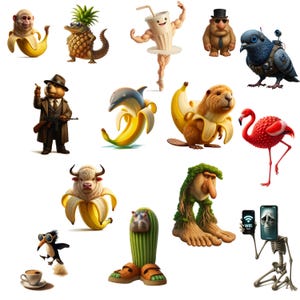 May include: A collection of whimsical illustrations featuring anthropomorphic characters. A monkey, alligator, and beaver are peeled from bananas. Other characters include a milkshake ballerina, a pigeon with a backpack, and a flamingo.