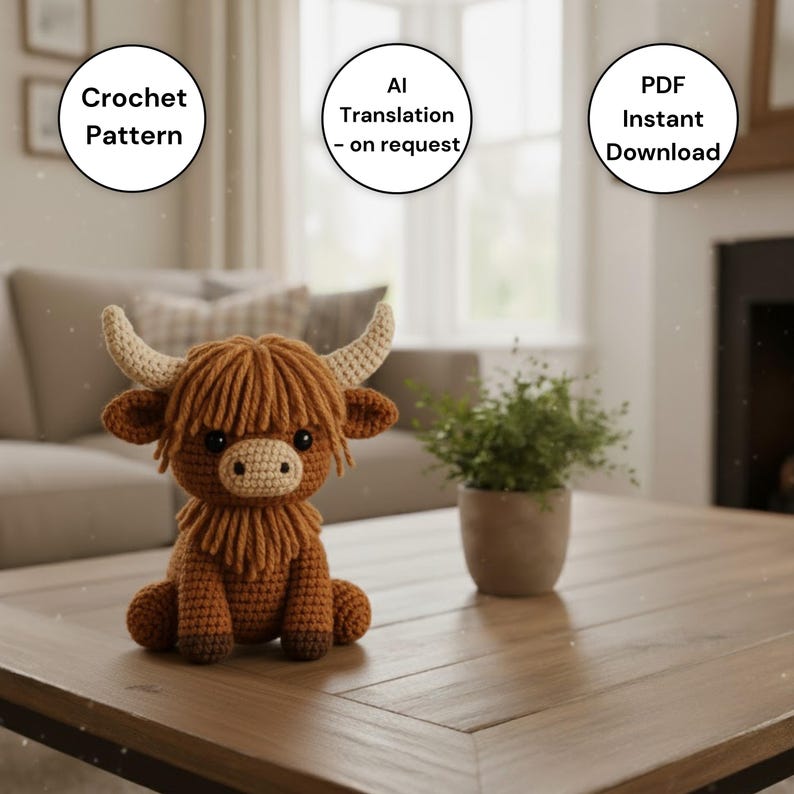 May include: A crocheted Highland cow amigurumi in shades of brown, tan, and beige, with large horns and a shaggy mane. The image includes text that says "Crochet Pattern", "AI Translation - on request", and "PDF Instant Download".