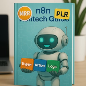 May include: A teal book titled "n8n Tech Guide" with a cartoon robot holding blocks labelled "Trigger", "Action", and "Logic". The book has stickers that say "MRR" and "PLR".