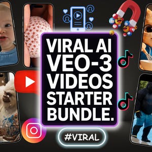 Puede incluir: Imagen promocional con el texto "VIRAL AI VEO-3 VIDEOS STARTER BUNDLE" en el centro. La imagen incluye pantallas de teléfonos inteligentes con contenido, iconos de redes sociales y el hashtag #VIRAL.