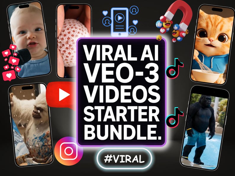 K&ouml;nnte beinhalten: Werbebild mit dem Text "VIRAL AI VEO-3 VIDEOS STARTER BUNDLE" in der Mitte. Das Bild enth&auml;lt Smartphone-Bildschirme mit Inhalten, Social-Media-Symbolen und dem Hashtag #VIRAL.