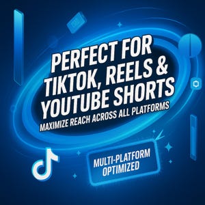 K&ouml;nnte beinhalten: Digitalgrafik mit dunkelblauem Hintergrund und hellblauen Akzenten. Der Text lautet "PERFECT FOR TIKTOK, REELS & YOUTUBE SHORTS" und "MAXIMIZE REACH ACROSS ALL PLATFORMS". Ein wei&szlig;es und blaues TikTok-Logo ist sichtbar.
