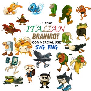 Italian Brainrot 31 Doodle Characters SVG PNG Bundle, Ballerina Crocodile Tung Tung Sahur Tralalero for Stickers Cricut Sublimation