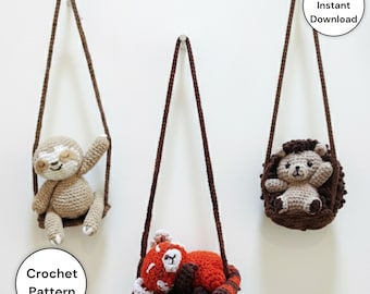 Lot de motifs au crochet Amigurumi suspendus – Paresseux qui se balancent, hérisson et panda roux | DIY Amigurumi suspendu PDF