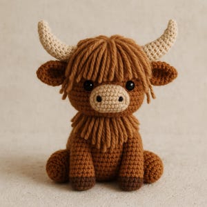 May include: A crocheted Highland cow plush toy. The toy is primarily brown with a shaggy mane and a light tan muzzle and horns. It has black eyes and is sitting upright.