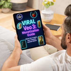 K&ouml;nnte beinhalten: Ein Tablet zeigt einen Leitfaden mit dem Titel "VIRAL Veo 3: Monetization Guide". Der Bildschirm zeigt Illustrationen und den Text "Where Veo 3 meets your creativity, revenue follows". Das Tablet wird von einer Person gehalten.