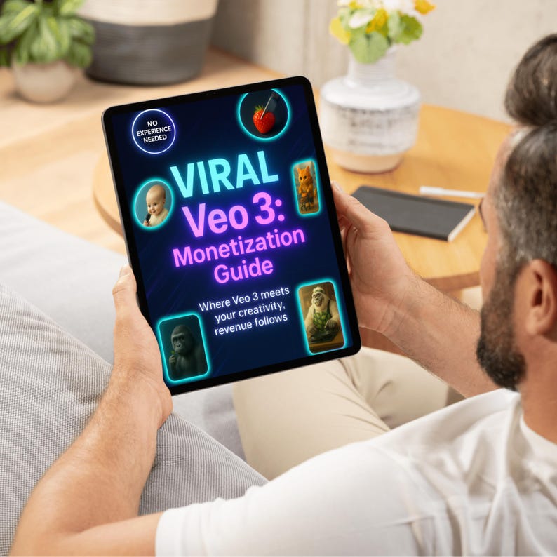 K&ouml;nnte beinhalten: Ein Tablet zeigt einen Leitfaden mit dem Titel "VIRAL Veo 3: Monetization Guide". Der Bildschirm zeigt Illustrationen und den Text "Where Veo 3 meets your creativity, revenue follows". Das Tablet wird von einer Person gehalten.