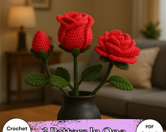 Crochet Rose Pattern – 3 Rose Patterns in One PDF, Crochet Bouquet, Amigurumi Flowers, Rose Amigurumi, Valentine’s Day Gift