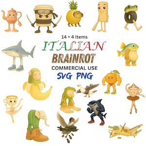Italian Brainrot 14 Doodle Characters SVG PNG Bundle, Ballerina Crocodile Tung Tung Sahur Tralalero for Stickers Cricut Sublimation