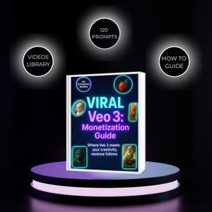 K&ouml;nnte beinhalten: Ein Buch mit dem Titel "VIRAL Veo 3: Monetarisierungsleitfaden" mit dem Text "Wo Veo 3 auf Ihre Kreativit&auml;t trifft, folgt der Umsatz." Das Cover zeigt Illustrationen und die Worte "KEINE ERFAHRUNG ERFORDERLICH". Das Bild enth&auml;lt auch den Text "VIDEOS BIBLIOTHEK", "120 PROMPTS" und "WIE MAN F&Uuml;HRT".
