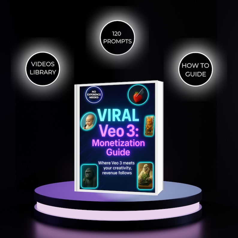 K&ouml;nnte beinhalten: Ein Buch mit dem Titel "VIRAL Veo 3: Monetarisierungsleitfaden" mit dem Text "Wo Veo 3 auf Ihre Kreativit&auml;t trifft, folgt der Umsatz." Das Cover zeigt Illustrationen und die Worte "KEINE ERFAHRUNG ERFORDERLICH". Das Bild enth&auml;lt auch den Text "VIDEOS BIBLIOTHEK", "120 PROMPTS" und "WIE MAN F&Uuml;HRT".