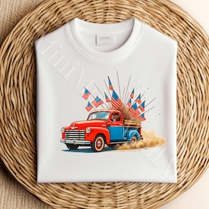 4th of July Truck PNG – Vintage Patriotic Clipart, Retro Red Blue Pickup with Flags, Independence Day Sublimation for Shirts & Crafts
