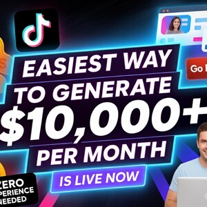 K&ouml;nnte beinhalten: Eine digitale Werbung mit dem TikTok-Logo, Dollarsymbolen und dem Text "Einfachste M&ouml;glichkeit, 9.000 &euro;+ pro Monat zu generieren." Ein Mann l&auml;chelt, w&auml;hrend er einen Laptop benutzt. Der Satz "Keine Erfahrung erforderlich" wird ebenfalls angezeigt.