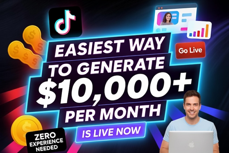 K&ouml;nnte beinhalten: Eine digitale Werbung mit dem TikTok-Logo, Dollarsymbolen und dem Text "Einfachste M&ouml;glichkeit, 9.000 &euro;+ pro Monat zu generieren." Ein Mann l&auml;chelt, w&auml;hrend er einen Laptop benutzt. Der Satz "Keine Erfahrung erforderlich" wird ebenfalls angezeigt.