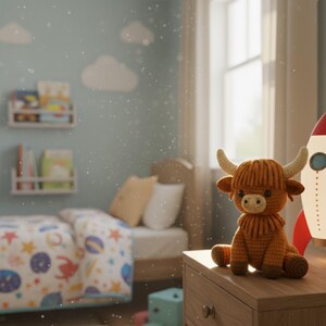 May include: A crocheted Highland cow toy with brown fur, cream-colored horns, and a sweet expression sits on a wooden nightstand. The room has a light blue wall with white cloud decals, a bed with a space-themed comforter, and a red and white rocket lamp.