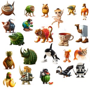 May include: A series of quirky illustrations depicting anthropomorphic creatures and objects. The images include a shark in a coconut shell, a watermelon monkey, a hamster, a ballerina, a slice of pizza, a giraffe, a pig with a bomb, a cow with a globe, a tiger with a grapefruit, a cup of tea, a camel with a refrigerator, an alligator, a rhino, an orca, a pineapple orangutan, a juice drink, a cat, a banana monkey, a rhino with a toaster, an astronaut with a watermelon, a duck, and a ninja.