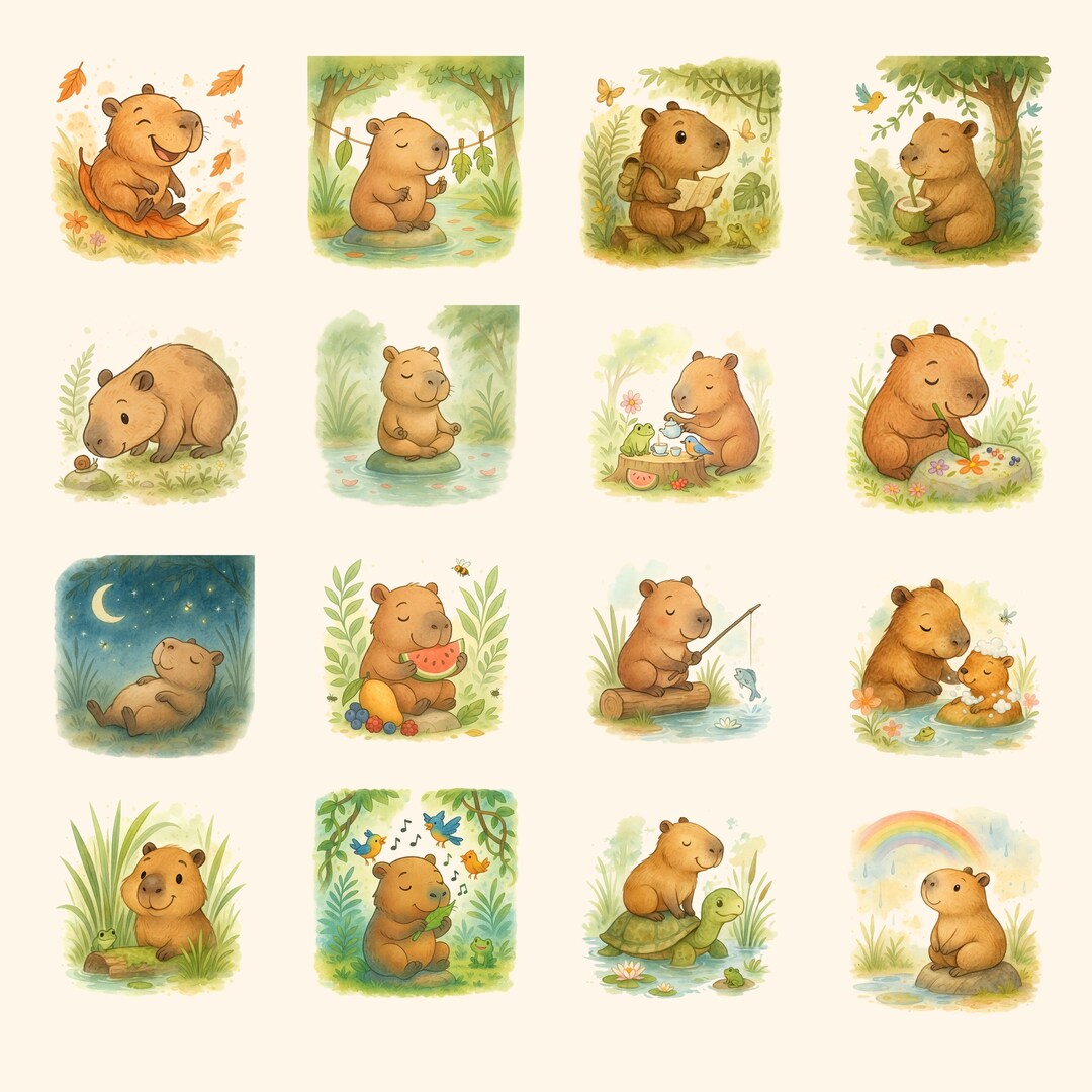 Watercolor Capybara Clipart Bundle, 50 Cute Capybara Pngs for ...