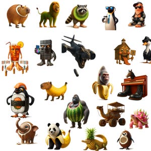 May include: A selection of quirky cartoon characters, featuring a capybara, lion, raccoon, penguin, and a figure in a suit. Other characters include a drink with a face, a chocolate bar, a dinosaur, and a gorilla.