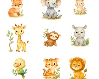 18 Safari Animals Clipart Bundle, Watercolor Jungle Animal PNG & JPG, Cute Lion Giraffe Elephant, Nursery Animal Clipart, Commercial Use