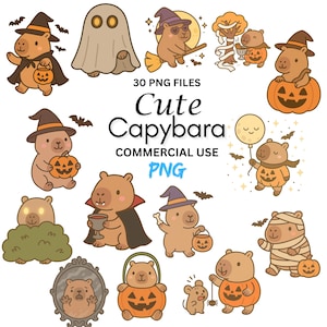 30 Capybara Halloween PNG Bundle – Cute Spooky Capybara Clipart Files, Kawaii Animal Halloween Digital Download, Summerween, Commercial Use