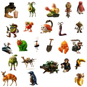 May include: A selection of quirky, cartoon illustrations depicting anthropomorphic characters. The characters include a fish with a milkshake, an avocado goat, a banana tank, a penguin, and a kiwi cowboy. The artwork is colourful and imaginative.