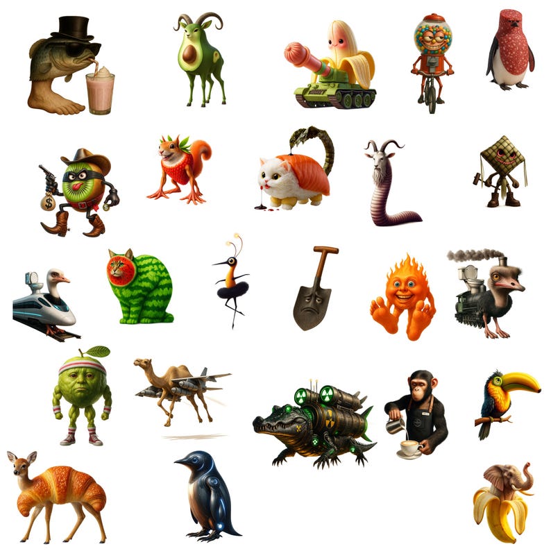 May include: A selection of quirky, cartoon illustrations depicting anthropomorphic characters. The characters include a fish with a milkshake, an avocado goat, a banana tank, a penguin, and a kiwi cowboy. The artwork is colourful and imaginative.
