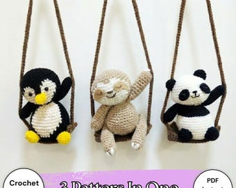 Lot de 3 motifs : pingouin amigurumi, paresseux au crochet et panda à monter soi-même | Instructions PDF pour suspension de rétroviseur de voiture