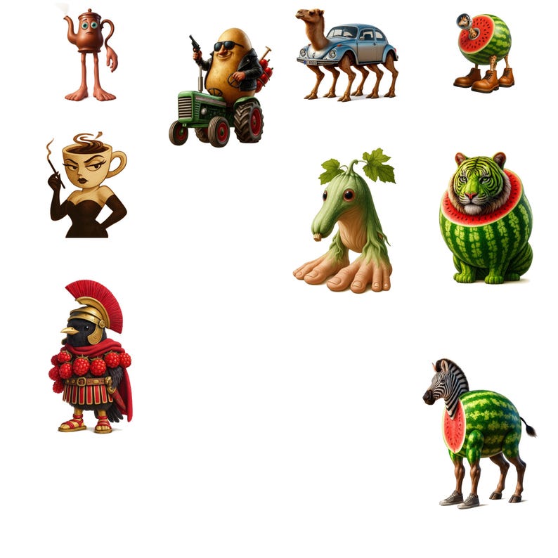 May include: A series of quirky cartoon characters: a teapot, a potato on a tractor, a car-camel, a watermelon-man, a coffee cup lady, a gourd-like being, a watermelon tiger, a bird in Roman garb, and a zebra-watermelon hybrid, all on a white background.