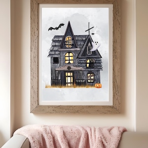 Haunted House Halloween Wall Art – Watercolor Spooky House Digital Print, Ghost, Bat, Pumpkin Illustration, Instant Download