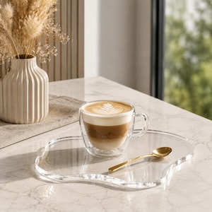 May include: A double-walled glass cup of latte with a leaf design on top, set on a clear, wavy-edged tray. A small gold spoon rests beside the cup. A beige vase with dried flowers is in the background.