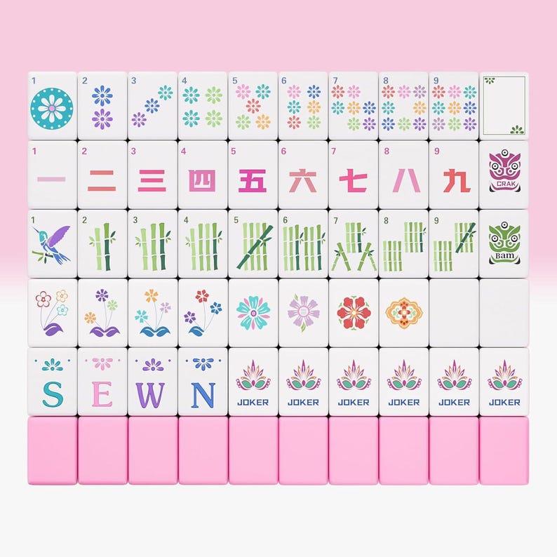 May include: A set of white mahjong tiles arranged in a grid, featuring colorful floral patterns, bamboo stalks, Chinese numerals, hummingbird illustrations, and the letters S, E, W, N. The bottom row consists of solid pink tiles with Joker labels.