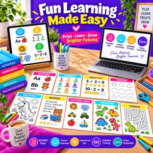 May include: A digital learning kit featuring a tablet and laptop displaying educational content, surrounded by printed worksheets for alphabet, numbers, math, and coloring. Includes a mug with text, colorful markers, scissors, and a sign reading Fun Learning Made Easy.