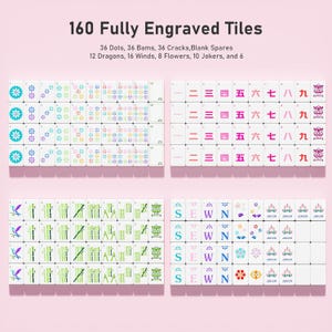 May include: A set of 160 white Mahjong tiles with engraved designs, including dots, bams, cracks, dragons, winds, flowers, and jokers. The text reads: 160 Fully Engraved Tiles, 36 Dots, 36 Bams, 36 Cracks, Blank Spares, 12 Dragons, 16 Winds, 8 Flowers, 10 Jokers, and 6.