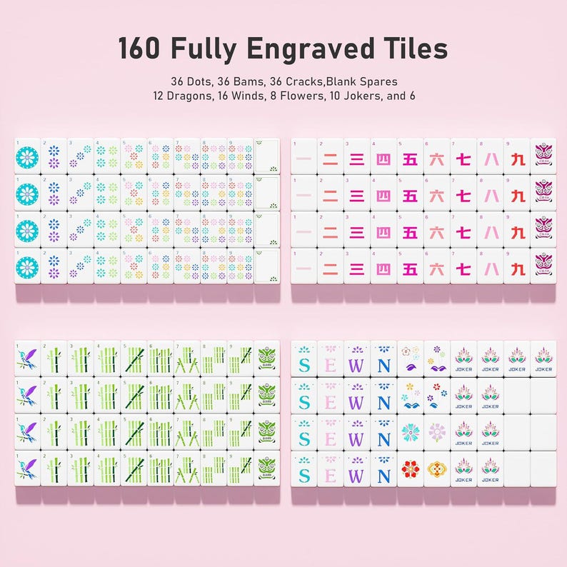 May include: A set of 160 white Mahjong tiles with engraved designs, including dots, bams, cracks, dragons, winds, flowers, and jokers. The text reads: 160 Fully Engraved Tiles, 36 Dots, 36 Bams, 36 Cracks, Blank Spares, 12 Dragons, 16 Winds, 8 Flowers, 10 Jokers, and 6.