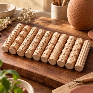 May include: A collection of nine cylindrical wooden rolling pins, each featuring a distinct carved pattern including chevrons, leaves, geometric shapes, floral motifs, waves, and vertical lines, arranged in a row on a wooden surface.