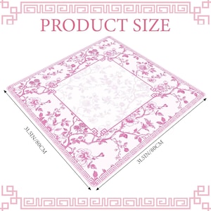 May include: A square tablecloth featuring a pink floral pattern on a white background with a geometric border. The text PRODUCT SIZE appears at the top. Arrows indicate dimensions of 31.5 inches by 31.5 inches, also labeled as 80 cm by 80 cm.