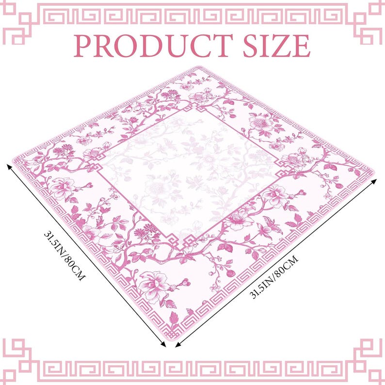 May include: A square tablecloth featuring a pink floral pattern on a white background with a geometric border. The text PRODUCT SIZE appears at the top. Arrows indicate dimensions of 31.5 inches by 31.5 inches, also labeled as 80 cm by 80 cm.