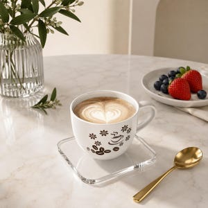 May include: A white ceramic coffee cup filled with latte art in the shape of a heart. The cup features a brown graphic print of flowers, coffee beans, and a steaming cup. It sits on a square clear glass coaster next to a gold-toned metal spoon.