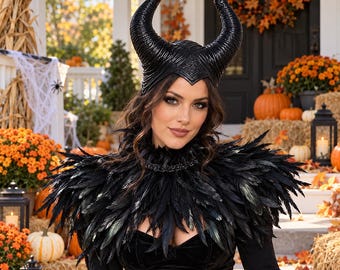 Gothic Feather Cape Shawl with Horns, Black Witch Costume Set, Dark Queen Vampire Outfit, Halloween Cosplay, Festival Accessories