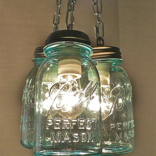 Handcrafted Blue Green Vintage Mason Three Jar Pendant Light
