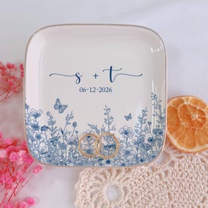 Custom Initials Date Dish, Wildflower Engagement Ring Tray, Bridal Shower Gift