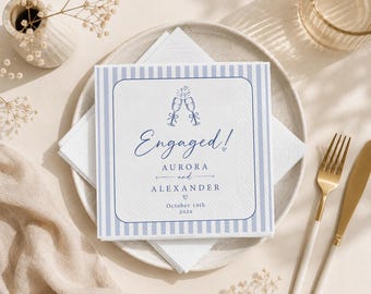Custom Engaged Party Napkins, Bridal Shower Napkins, Stripe Wedding Reception Napkins