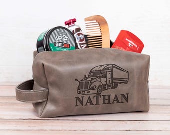 Personalized Truck Driver Dopp Kit, Leather Bathroom Organizer for Truck Operator, Retirement Gift for Dad, Genuine Leather Toiletry Bag