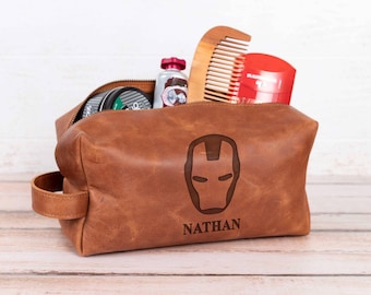 Engraved Ironman Dopp Kit – Personalized Leather Toiletry Bag for Men | Superhero Groom & Groomsmen Gift, Custom Travel Wash Bag