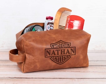 Personalized Engraved Motorbiker Dopp Kit, Genuine Leather Toiletry Bag, Custom Gift for Biker Dad, Stepdad, Husband, Boyfriend, Groomsmen