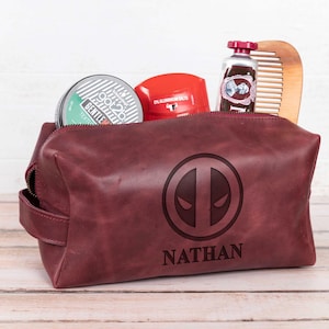 Valentine Day Gift for Deadpool X-Men Inspired Dopp Kit, Leather Toiletry Bag, Superhero Fan Boyfriend Gift, Comic Fan Travel Bag image 2