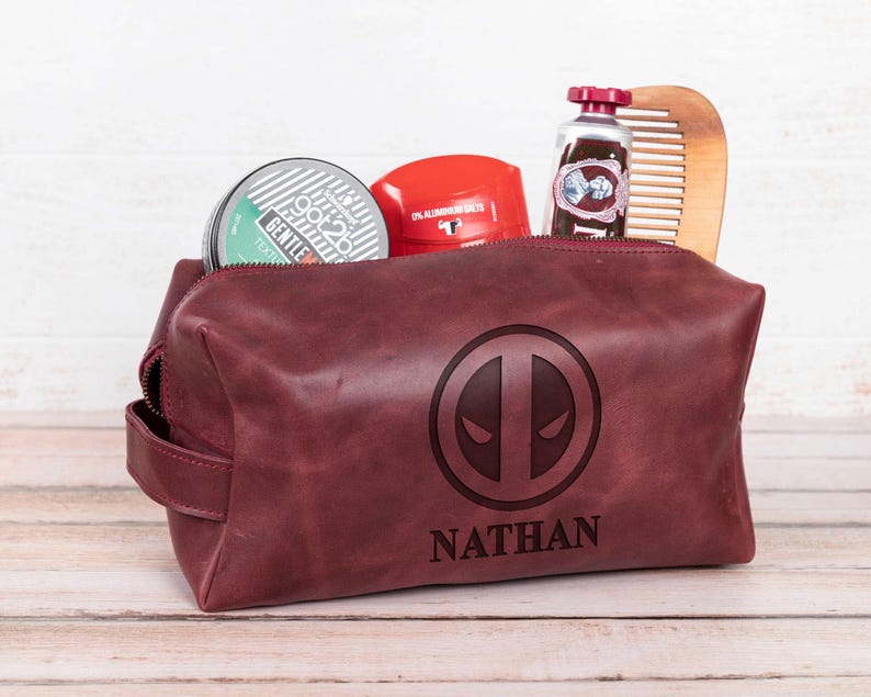Valentine Day Gift for Deadpool X-Men Inspired Dopp Kit, Leather Toiletry Bag, Superhero Fan Boyfriend Gift, Comic Fan Travel Bag image 2
