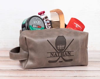 Personalized Leather Dopp Kit for Hockey Players, Thank You Gift for Coach, Custom Hockey Fan Gift for Men, Groomsmen, Sports Team Present