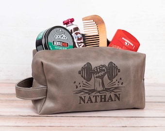 Unique Fitness Lover's Gift, Custom Leather Dopp Kit, Personalized Men's Toiletry Bag, Travel Essential for Gym, Shaving and Grooming Needs