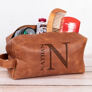 Christmas Gifts for Husband, Mens Leather Toiletry Bag, Custom Birthday Gift Grandpa, Bonus Dad, Father in Law, Monogrammed Dopp Kit